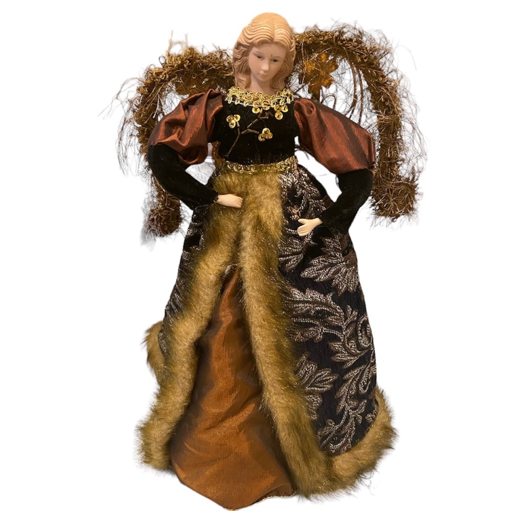 Retro Christmas Angel Tree Topper Shelf Stand Gold Brown Brocade Robe Faux Fur